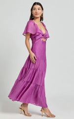Patricia Midi Dress - Flutter Sleeve Tie Front Tiered Dress in Orchid