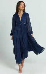 Edelyn Midi Dress - Cut Out Balloon Sleeve Tiered Dress in Navy