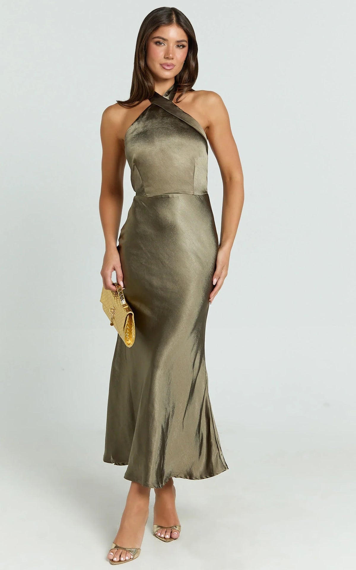 Rhianne Midi Dress - Twist Halter Neck Open Back Satin Dress in Olive