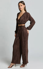 Kallie Pants - High Waist Drawstring Plisse Pants in Chocolate