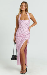 Leni Midi Dress - Halter V Neck Tucked Side Leg Split Skirt Fitted Dress in Pink