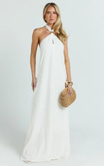 Jhazmine Maxi Dress - Halterneck Linen Gold Trim Dress in Off White