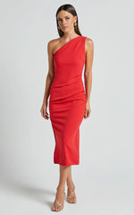 Monette Midi Dress - One Shoulder Straight Dress in Orange Red