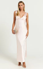 Brienne Midi Dress - Plunge Cowl Back Satin Dress in Soft Pink