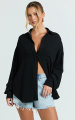 Leanne Top - Button Down Linen Blend Long Sleeve Shirt in Black
