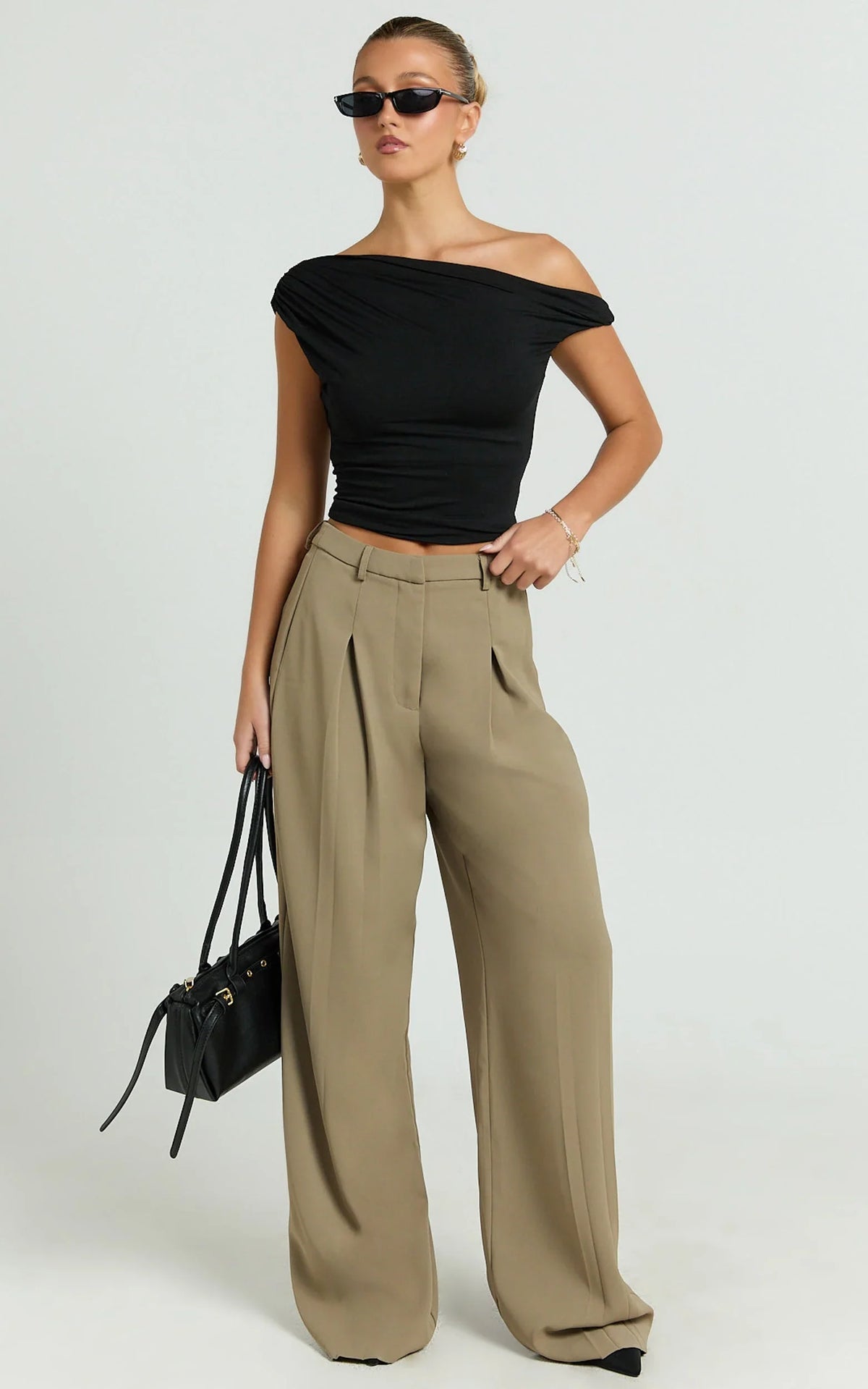 Harlee Pants - Mid Waist Pleated Wide Leg Pants in Olive