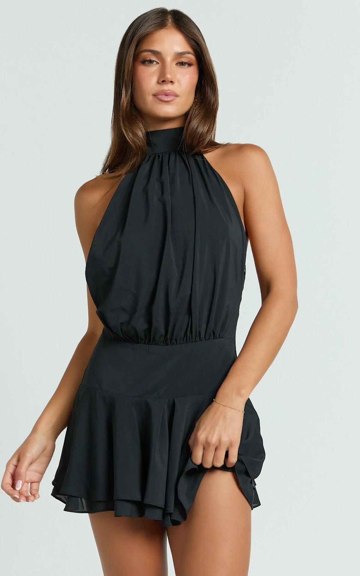 Bryonie Mini Dress - Backless Halter Dress in Black