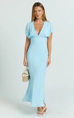 Desiree Midi Dress - V Neck Flutter Short Sleeve Slip Dress in Blue