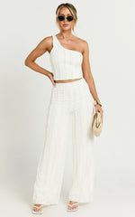 Almarie Pants - Mid Waisted Wide leg Textured Pants in Off White