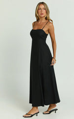 Brette Midi Dress - Linen Straight Neck Strappy Fit And Flare Dress in Black