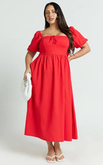 Quinn Midi Linen Blend Dress - Puff Sleeve Square Neck Dress in Red