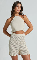 Caja Short - Wavy Hem Detail Knit Shorts in Nutmeg/Shell