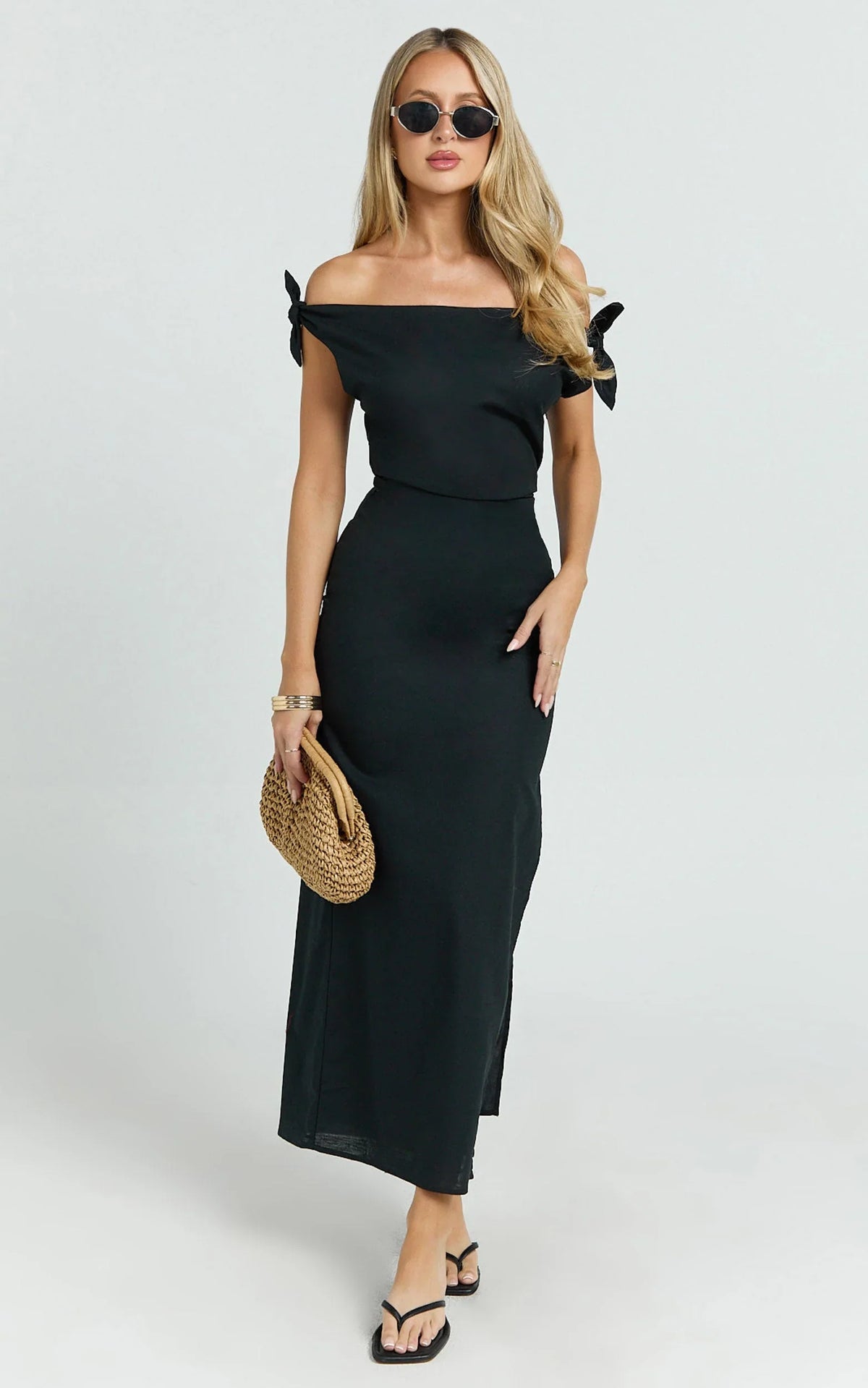Cincinnati Midi Dress - Off The Shoulder Side Split Column Linen Dress in Black