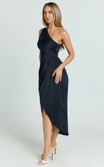 Felt So Happy Midi Dress - One Shoulder Drape Dress in Navy