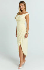 Aidia Midi Dress - Off Shoulder Draped Corset Dress in Lemon