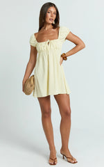 Brooks Mini Dress - Puff Sleeve Front Tie Babydoll Dress in Lemon