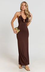 Izira Maxi Dress - Jersey Plunge Keyhole Bodycon Dress in Chocolate
