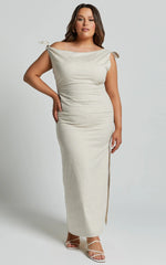 Cincinnati Midi Dress - Off The Shoulder Side Split Column Linen Dress in Beige