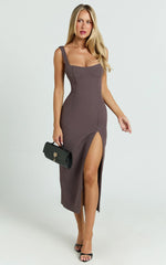 Aretha Midi Dress - Square Neckline High Split Dress in Mocha