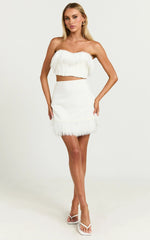 Rhaiza Mini Skirt - Faux Feather Trim High Waisted Skirt in White