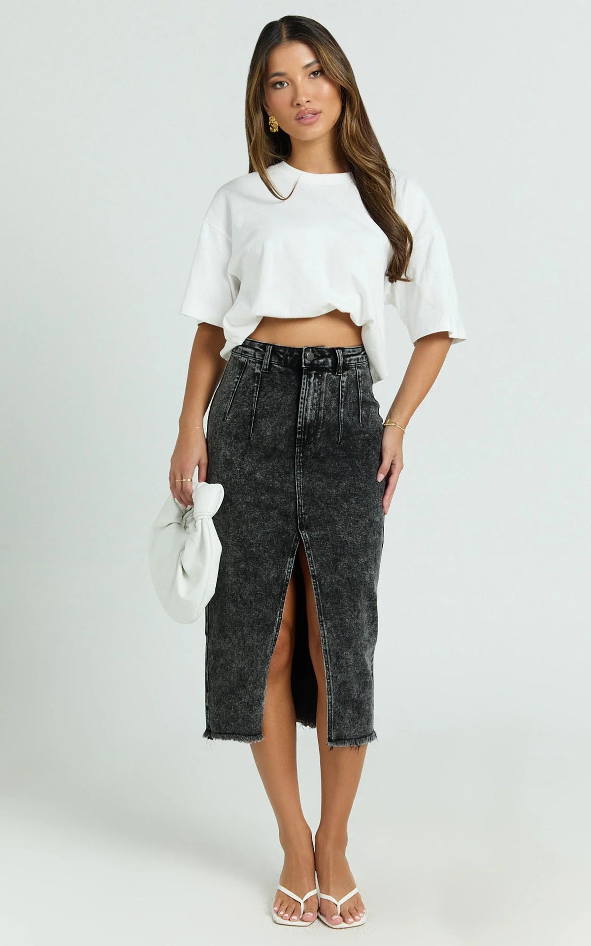 Janeve Midi Skirt - Front Split Denim Skirt in Black Acid Wash