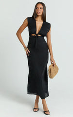 Beatrice Midi Dress - Plunge Neck Tie Cut Out Front Dress in Black