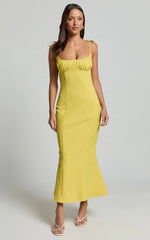 Karina Midi Dress - Ruched Bust Tie Shoulder Fit and Flare Dress in Lemon