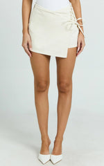Ronnie Skort - Mid Waist Lace Up Denim Skort in Ecru