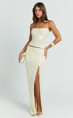 Jelena Maxi Skirt - Embroidered Floral Mid Waist Bodycon Skirt in Lemon