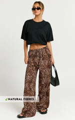 Lopez Linen Blend Pants - Elasticated Straight Leg Pants in Tonal Leopard Print