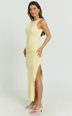 Perrie Midi Dress - High Neck Sleeveless Scoop Back Fitted Leg Split Skirt Dress in Lemon