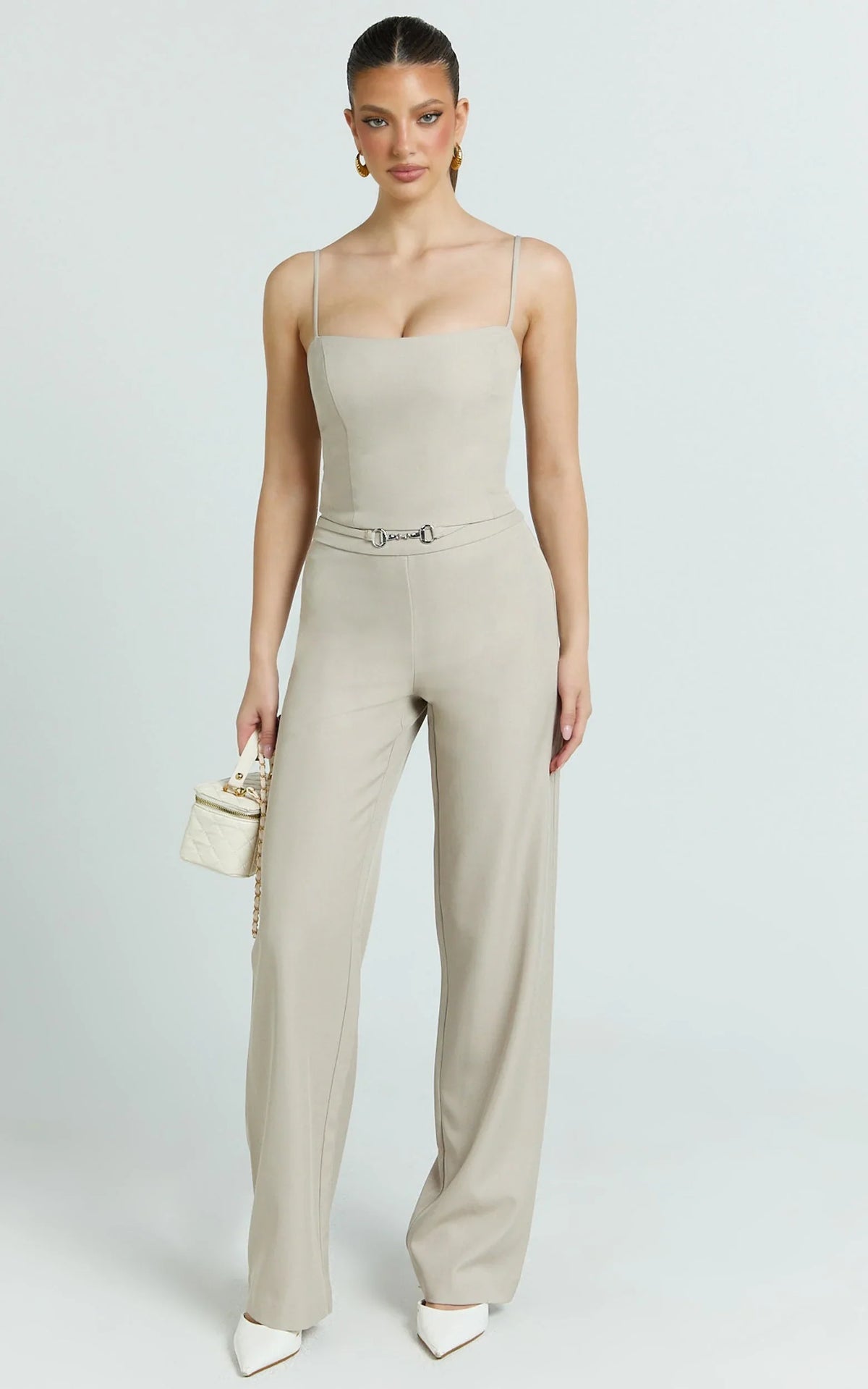 Charlize Pants - Stretch Slim Leg Front Buckle Pants in Stone