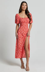 Caitlin Midi Dress - Puff Sleeve Thigh Split Dress in Orange