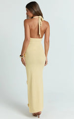 Elodie Maxi Dress - Halter 3D Floral Knit Dress in Lemon