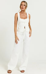 Hamilton Linen Blend Pants - Straight Elasticated Mid Waist Pants in White
