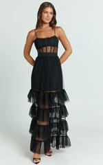 Evelynn Midi Dress - Sweetheart Corset Bodice Fit & Flare Tiered in Black