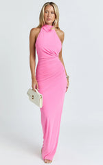 Francis Maxi Dress - Halter Ruched Backless Dress in Pink