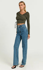 Keisha Top - Asymmetrical Long Sleeve Drawstring Top in Dark Olive