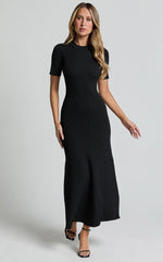 Lanie Midi Dress - Knitted Crew Neck Short Sleeve Dress in Black