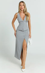 Baylee Midi Skirt - Wrap Front Side Split Skirt in Grey