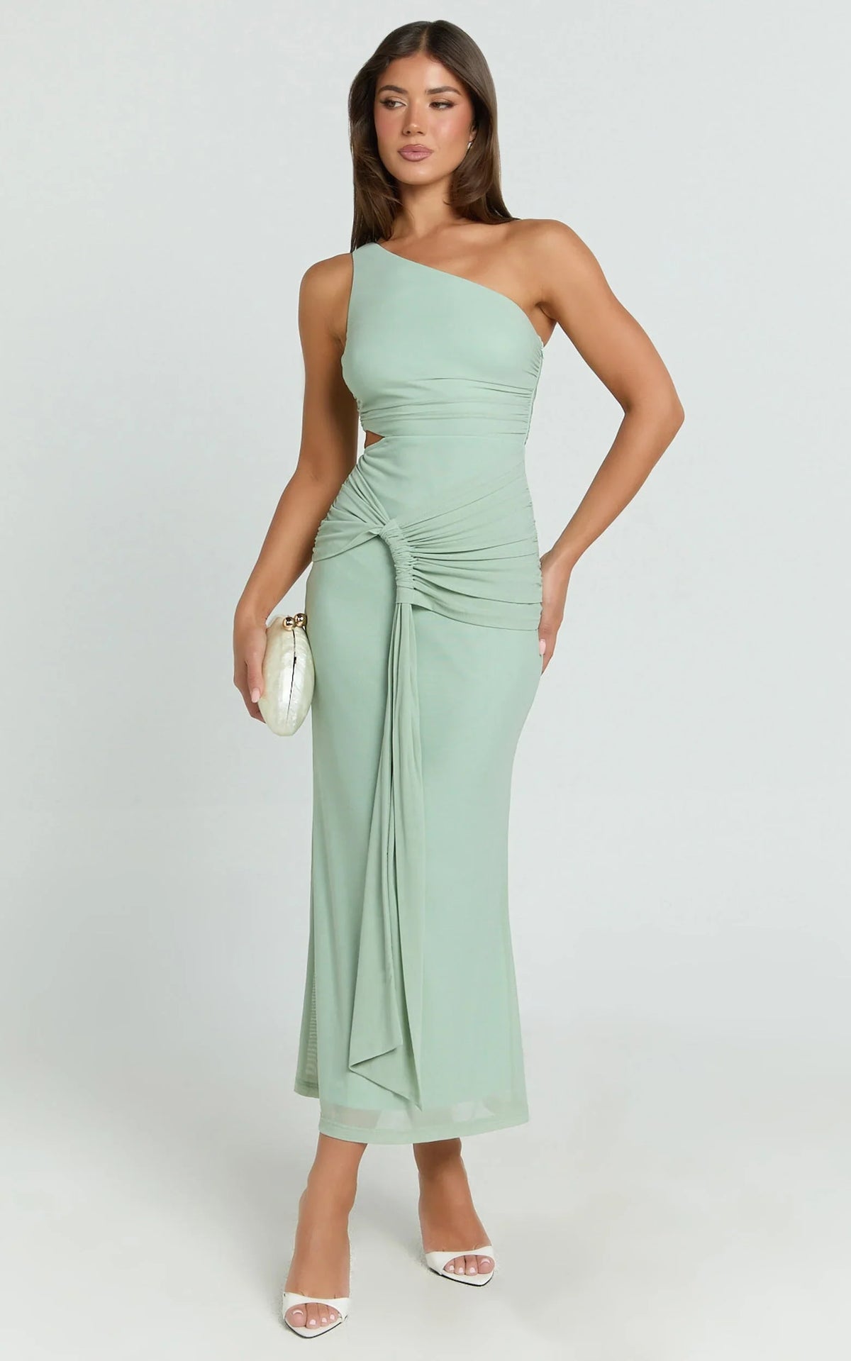 Mandy Midi Dress - Knot Detail Cut Out Mesh Dress in Sage