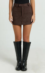Priscilla Mini Skirt - Mid Waist Faux Suede Skirt in Dark Chocolate