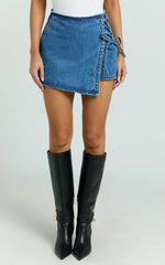 Ronnie Skort - Mid Waist Lace Up Denim Skort in Dark Blue Wash