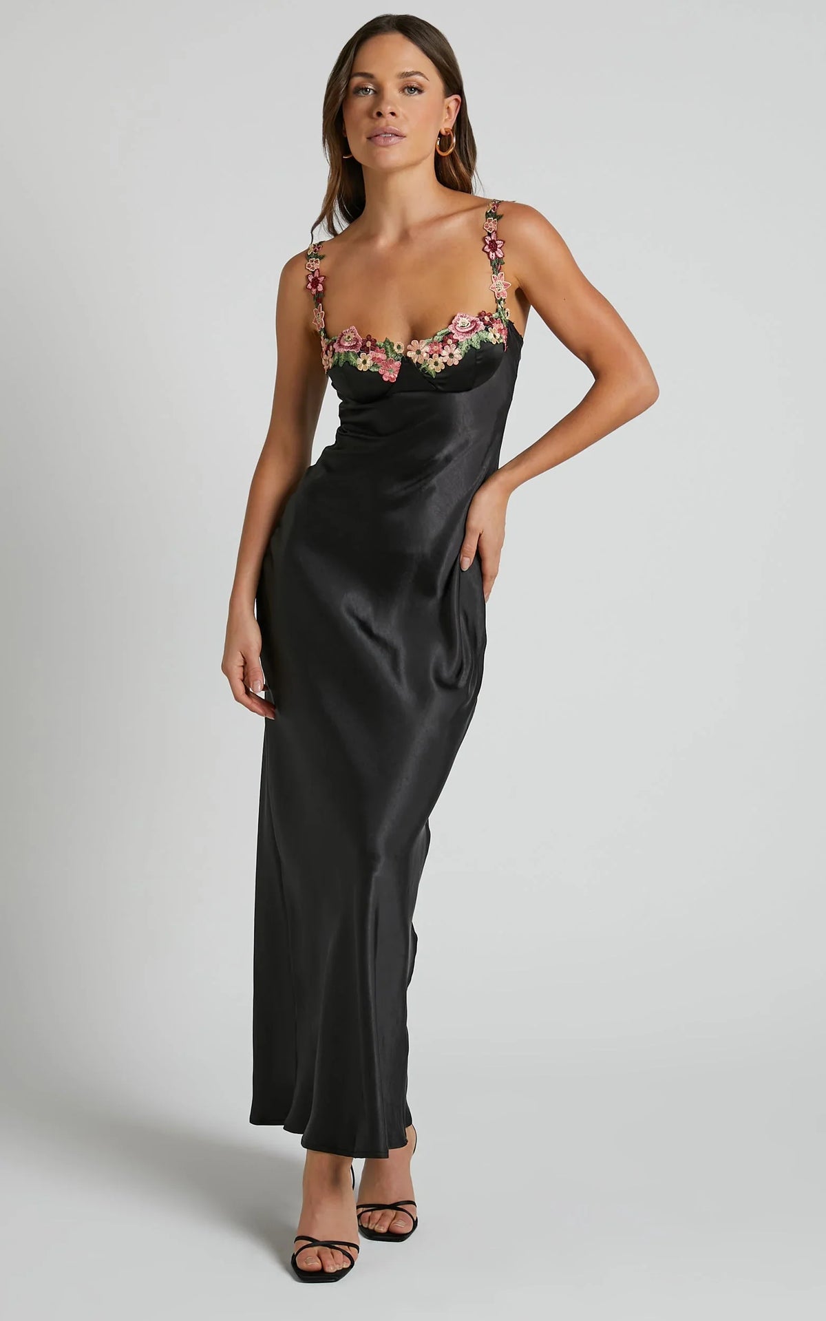 Harmony Midi Dress - Floral Detail Cup Bust Satin Dress in Black