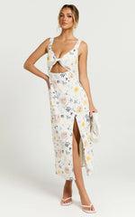 Nicola Midi Linen Blend Dress - Strappy Front Twist Cut Out Column Dress in Soleil Print