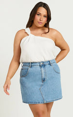 Jaden Mini Skirt - High Waisted Recycled Denim Mini Skirt in Mid Blue Wash
