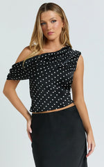 Blanca Top - One Shoulder Bias Cut Top in Black Polka Dot