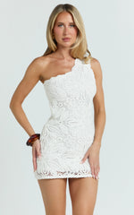 Charlene Mini Dress - Crochet Knitted One Shoulder Dress in White