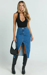 Janeve Midi Skirt - Front Split Denim Skirt in Dark Blue