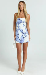 Catharine Mini Dress - Strapless A Line Dress in Blue Floral